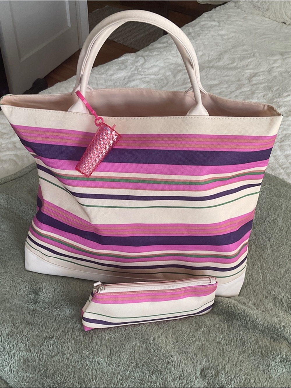 Striped Pink & Purple Tote with Matching Pouch and bag charm